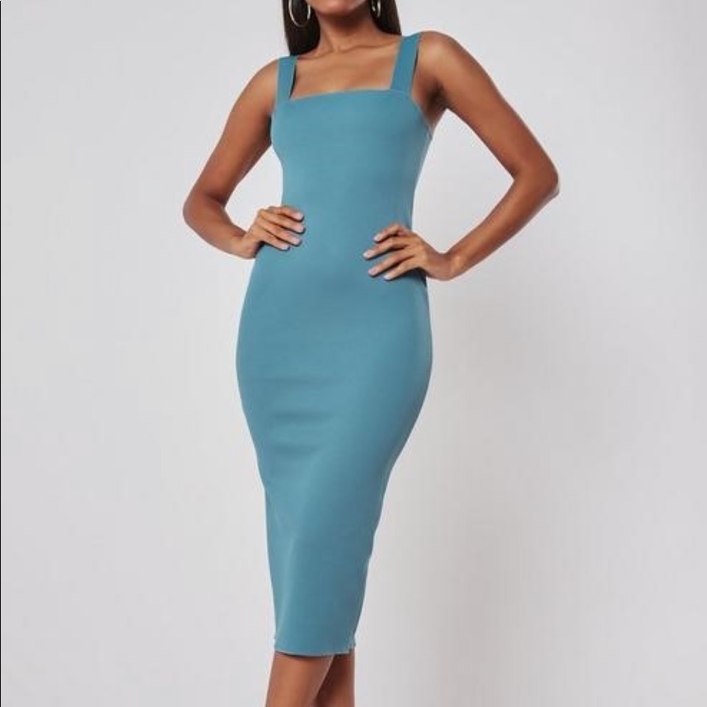 blue square neck raw edge ribbed midaxi dress